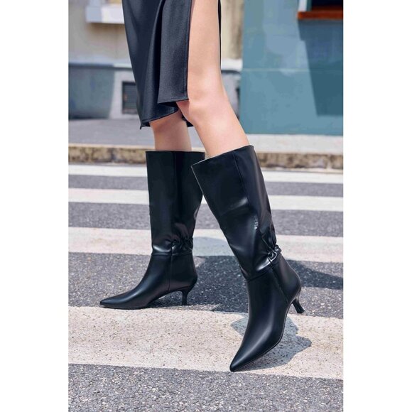 ⚡Women's Black Kitten Heel Knee High Boots Pointed Toe Tall Boots Pull On - Picture 2 of 5